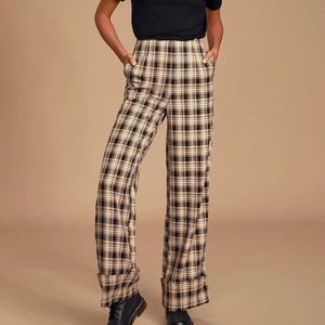 Lulus Women Dress Pants Size S Tall Black Brown Plaid Wide Leg High Rise Stretch